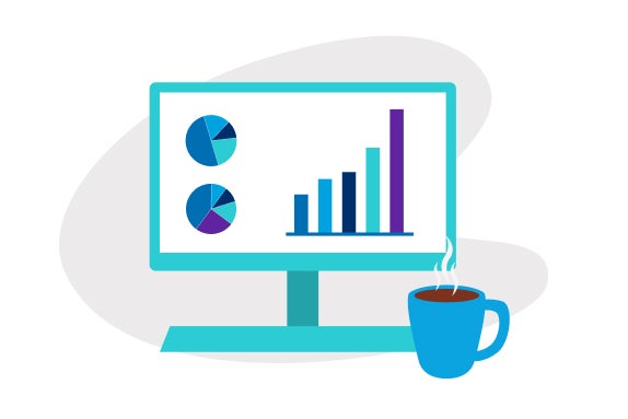 Illustrated computer monitor showing charts